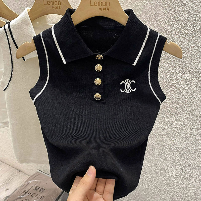Chanel style polo collar sleeveless vest knitted top 1