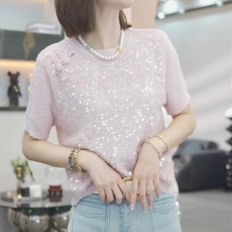 New Chinese style buttoned sequined short-sleeved sweater 2