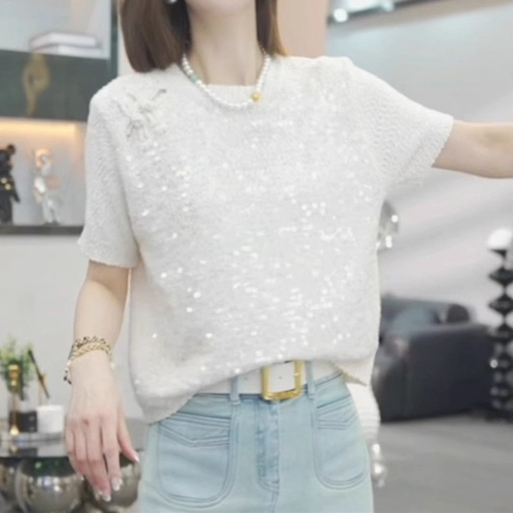 New Chinese style buttoned sequined short-sleeved sweater 2
