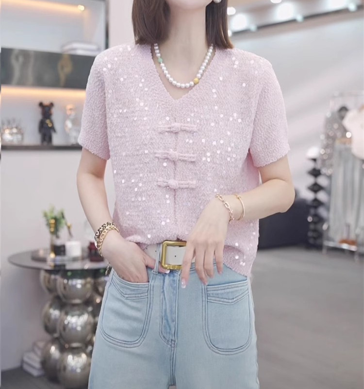 New Chinese style buttoned sequined short-sleeved sweater 2