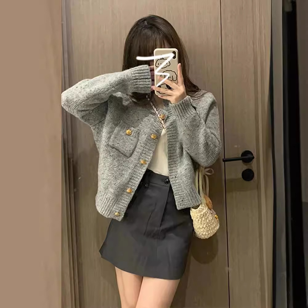 Japanese retro lazy style gray knitted cardigan 25 01