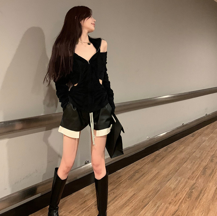 All-match elastic waist short leather pants 35